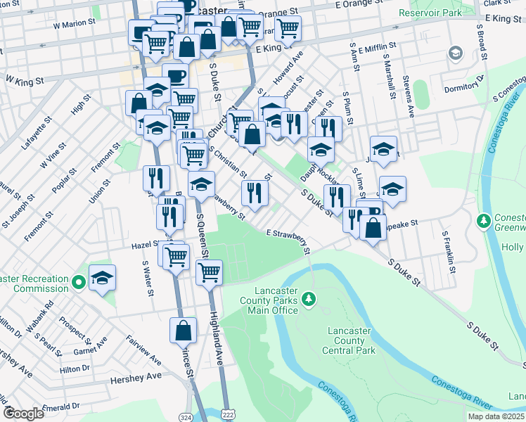 map of restaurants, bars, coffee shops, grocery stores, and more near 546 Dauphin Street in Lancaster
