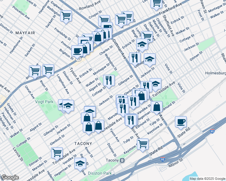 map of restaurants, bars, coffee shops, grocery stores, and more near 7121 Gillespie Street in Philadelphia