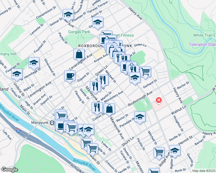 map of restaurants, bars, coffee shops, grocery stores, and more near 415 Lyceum Avenue in Philadelphia