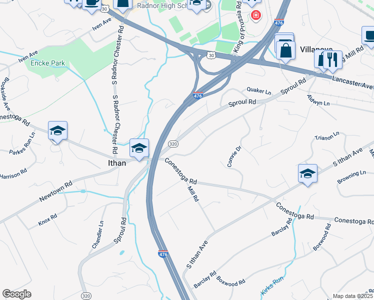 map of restaurants, bars, coffee shops, grocery stores, and more near 216 South Spring Mill Road in Villanova