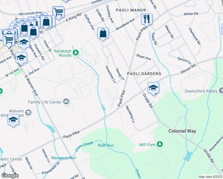 map of restaurants, bars, coffee shops, grocery stores, and more near 312 Albans Court in Malvern