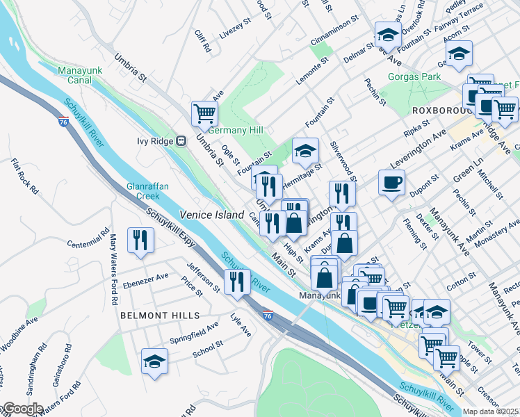 map of restaurants, bars, coffee shops, grocery stores, and more near 4670 Umbria Street in Philadelphia