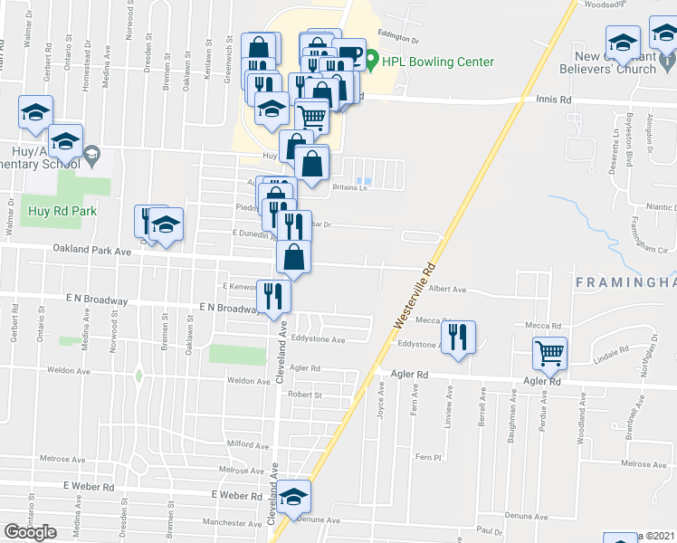 map of restaurants, bars, coffee shops, grocery stores, and more near 1911 Oakland Park Ave in Columbus