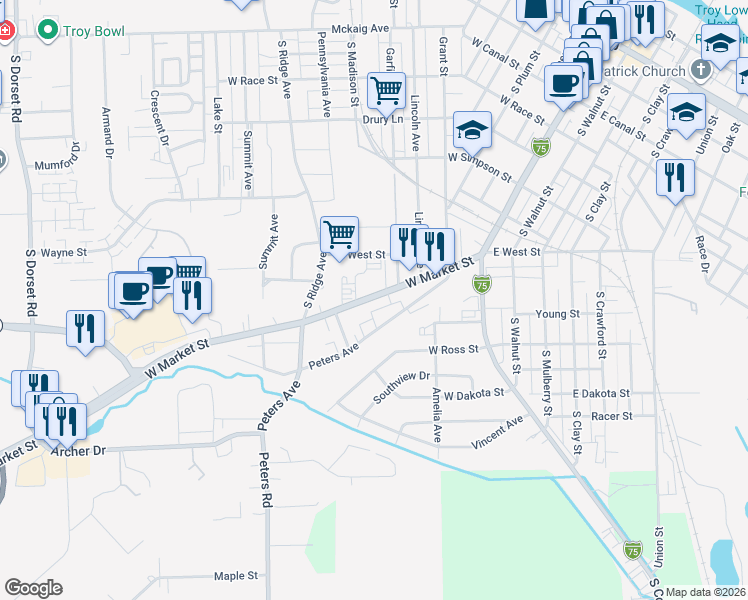 map of restaurants, bars, coffee shops, grocery stores, and more near 337 Peters Avenue in Troy