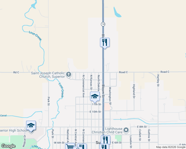 map of restaurants, bars, coffee shops, grocery stores, and more near 1412 North Kansas Street in Superior