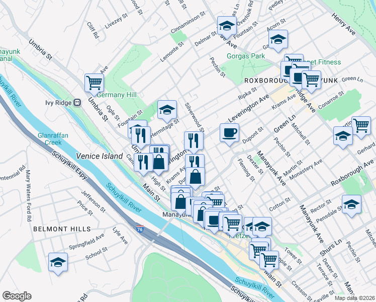 map of restaurants, bars, coffee shops, grocery stores, and more near 200 Krams Avenue in Philadelphia
