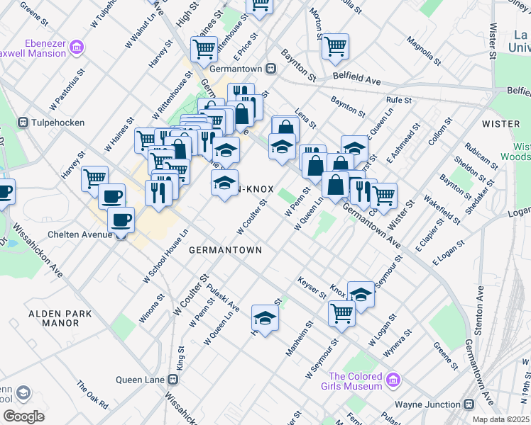 map of restaurants, bars, coffee shops, grocery stores, and more near 5340 Greene Street in Philadelphia