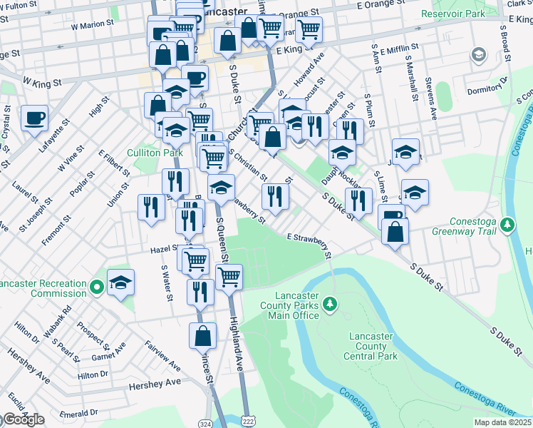 map of restaurants, bars, coffee shops, grocery stores, and more near 541 Green Street in Lancaster