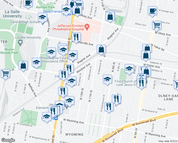 map of restaurants, bars, coffee shops, grocery stores, and more near 5128 North Marvine Street in Philadelphia