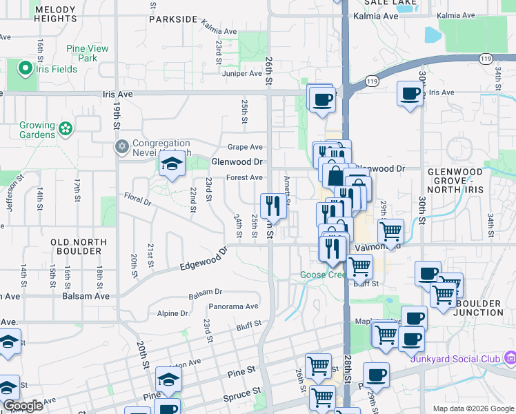 map of restaurants, bars, coffee shops, grocery stores, and more near 3030 25th Street in Boulder