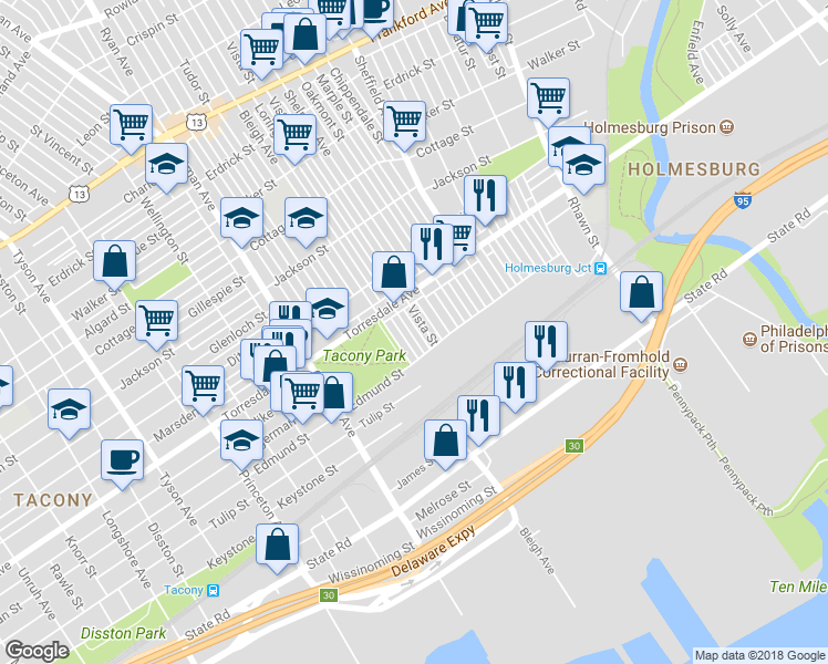 map of restaurants, bars, coffee shops, grocery stores, and more near 4757 Bleigh Avenue in Philadelphia