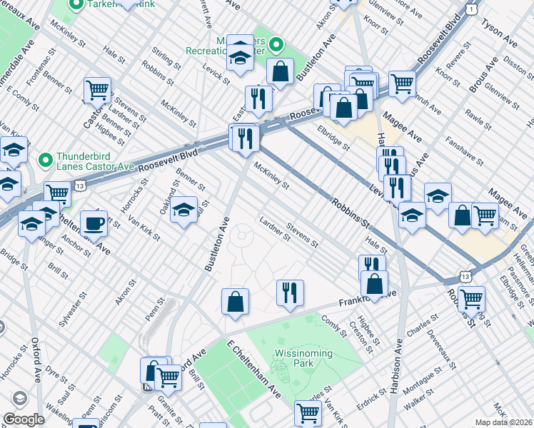 map of restaurants, bars, coffee shops, grocery stores, and more near 2127 Lardner Street in Philadelphia