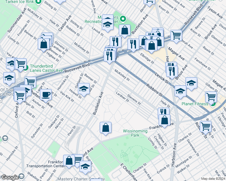 map of restaurants, bars, coffee shops, grocery stores, and more near 2044 Lardner Street in Philadelphia