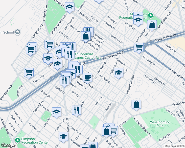 map of restaurants, bars, coffee shops, grocery stores, and more near 1439 Rosalie Street in Philadelphia