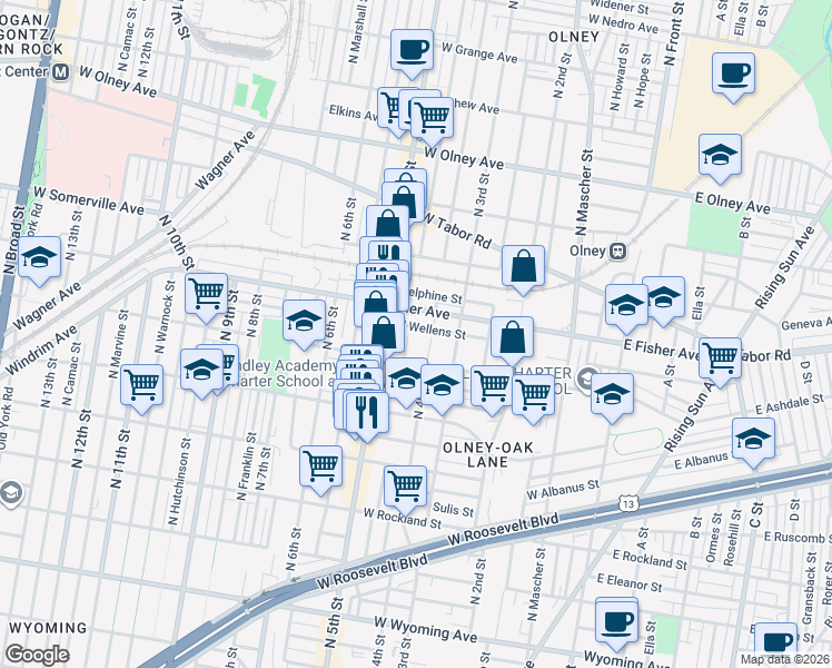 map of restaurants, bars, coffee shops, grocery stores, and more near 415 West Duncannon Avenue in Philadelphia