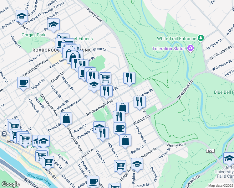 map of restaurants, bars, coffee shops, grocery stores, and more near 925 Roxborough Avenue in Philadelphia