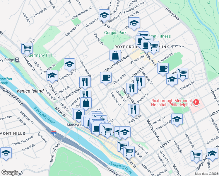 map of restaurants, bars, coffee shops, grocery stores, and more near 281 Green Lane in Philadelphia