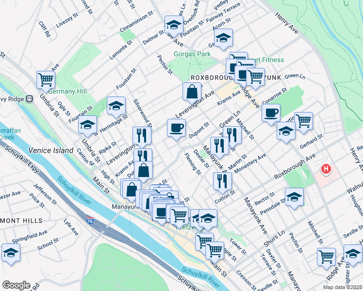 map of restaurants, bars, coffee shops, grocery stores, and more near 281 Green Lane in Philadelphia