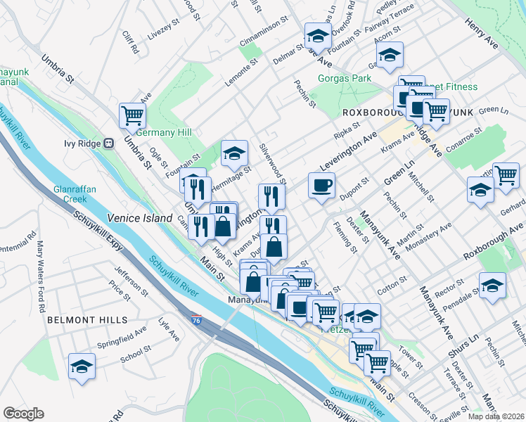 map of restaurants, bars, coffee shops, grocery stores, and more near 200 Krams Avenue in Philadelphia
