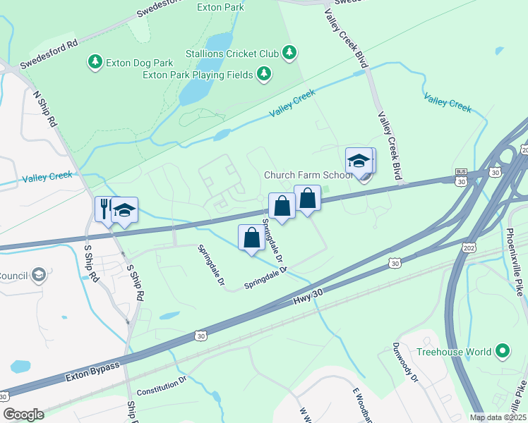 map of restaurants, bars, coffee shops, grocery stores, and more near 886 Springdale Drive in Exton