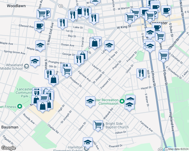 map of restaurants, bars, coffee shops, grocery stores, and more near 119 Fairview Avenue in Lancaster