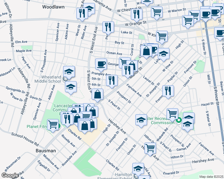 map of restaurants, bars, coffee shops, grocery stores, and more near 869 Pennsylvania 999 in Lancaster