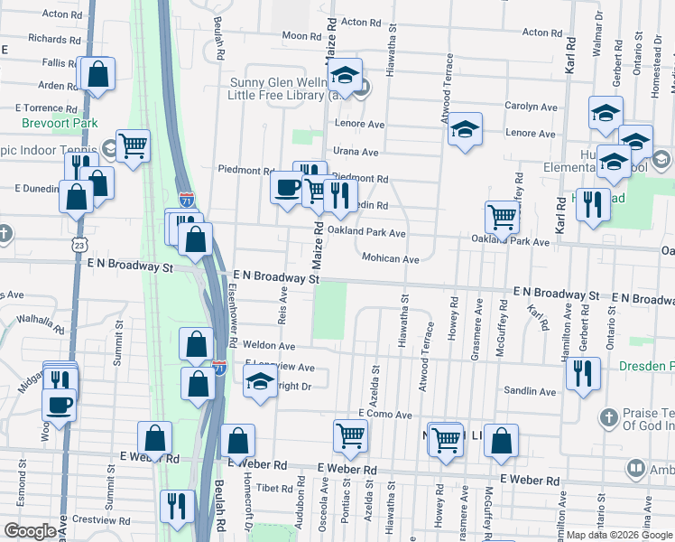 map of restaurants, bars, coffee shops, grocery stores, and more near 3220 Maize Road in Columbus