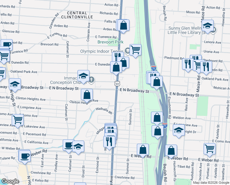 map of restaurants, bars, coffee shops, grocery stores, and more near 3262 Indianola Avenue in Columbus