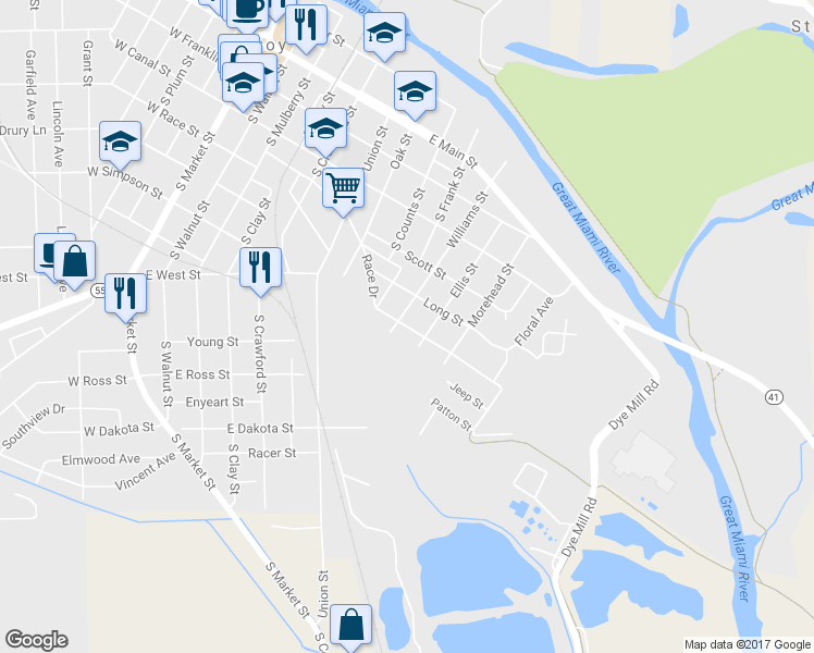 map of restaurants, bars, coffee shops, grocery stores, and more near 906 Race Drive in Troy