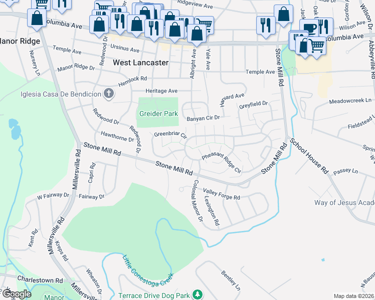 map of restaurants, bars, coffee shops, grocery stores, and more near 211 Pheasant Ridge Circle in Lancaster