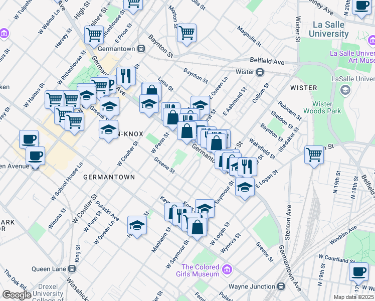 map of restaurants, bars, coffee shops, grocery stores, and more near 5214 Germantown Avenue in Philadelphia