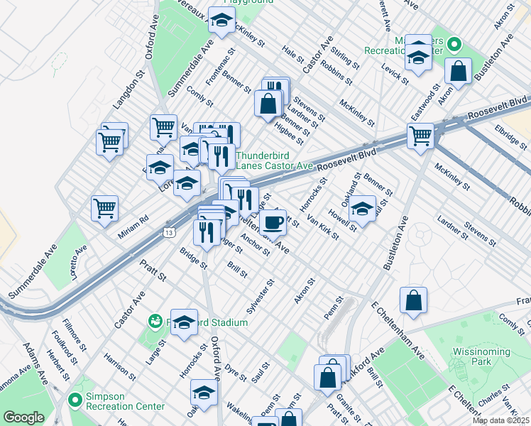 map of restaurants, bars, coffee shops, grocery stores, and more near 1411 Rosalie Street in Philadelphia