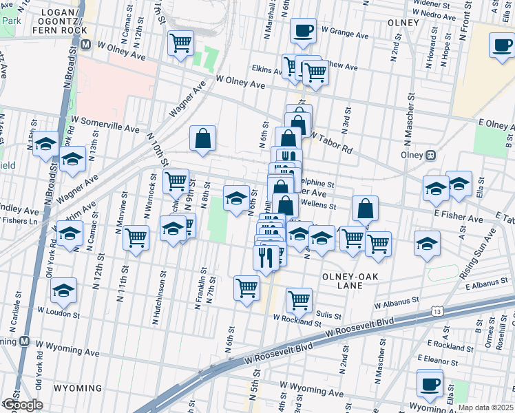 map of restaurants, bars, coffee shops, grocery stores, and more near 5219 North 6th Street in Philadelphia