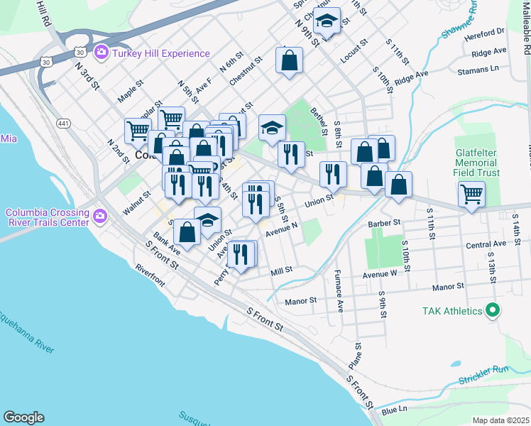 map of restaurants, bars, coffee shops, grocery stores, and more near 419 Union Street in Columbia