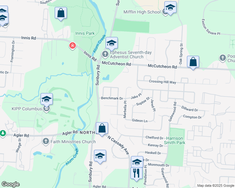 map of restaurants, bars, coffee shops, grocery stores, and more near 3033 Benchmark Drive in Columbus