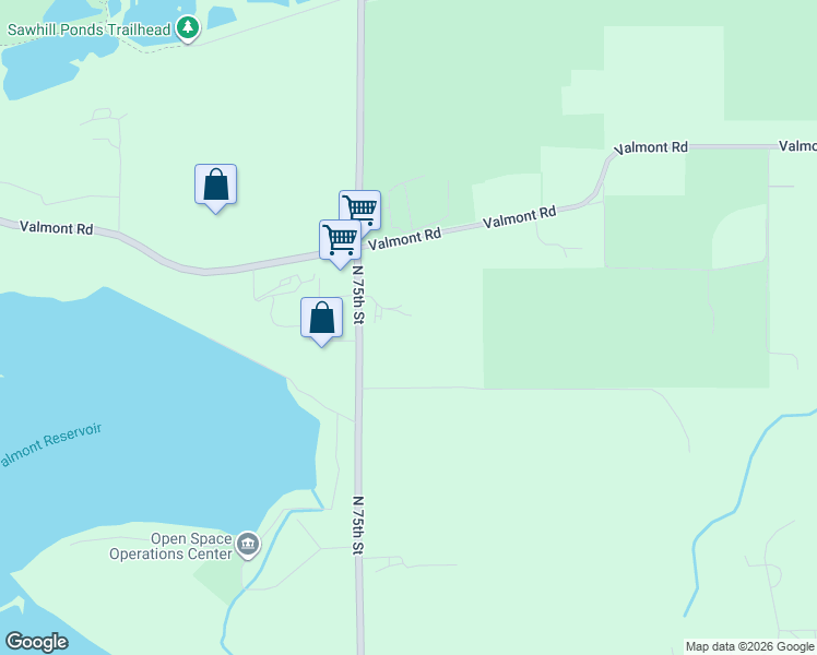map of restaurants, bars, coffee shops, grocery stores, and more near 3150 North 75th Street in Boulder