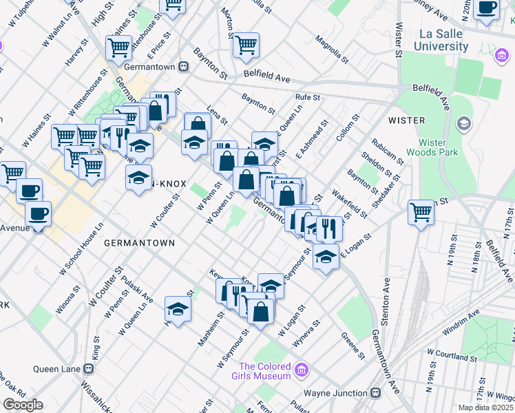 map of restaurants, bars, coffee shops, grocery stores, and more near 5140 Germantown Avenue in Philadelphia
