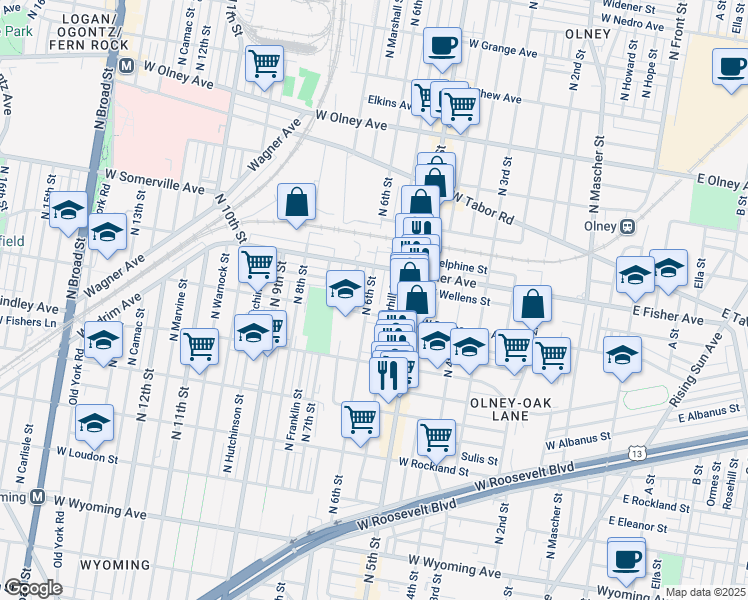 map of restaurants, bars, coffee shops, grocery stores, and more near 5219 North 6th Street in Philadelphia