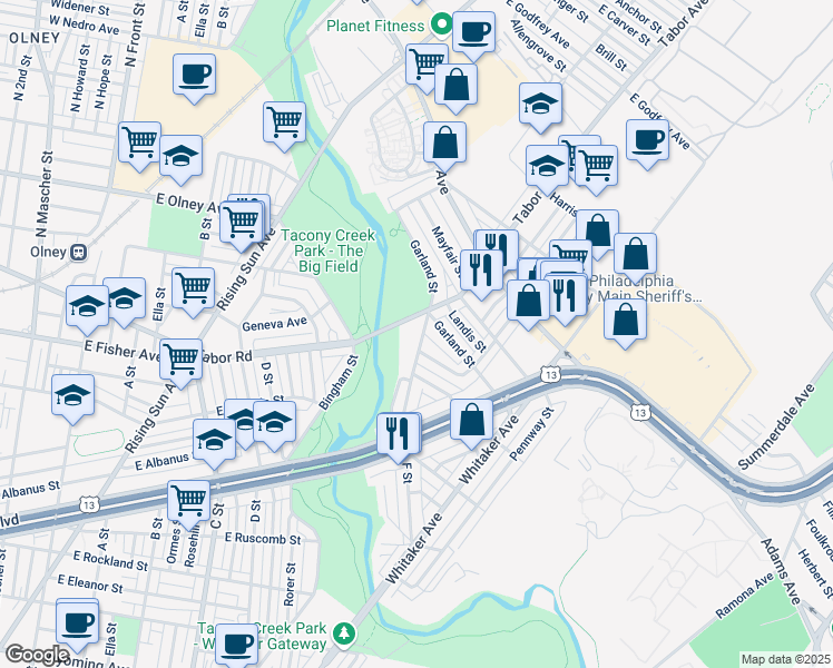 map of restaurants, bars, coffee shops, grocery stores, and more near 5228 F Street in Philadelphia
