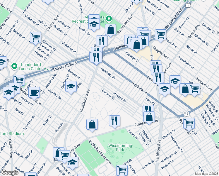 map of restaurants, bars, coffee shops, grocery stores, and more near 2125 Stevens St in Philadelphia
