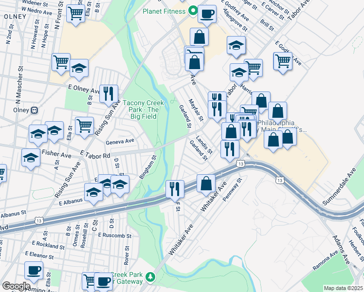 map of restaurants, bars, coffee shops, grocery stores, and more near 5228 F Street in Philadelphia