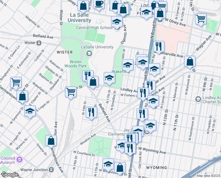 map of restaurants, bars, coffee shops, grocery stores, and more near 1626 Lindley Avenue in Philadelphia