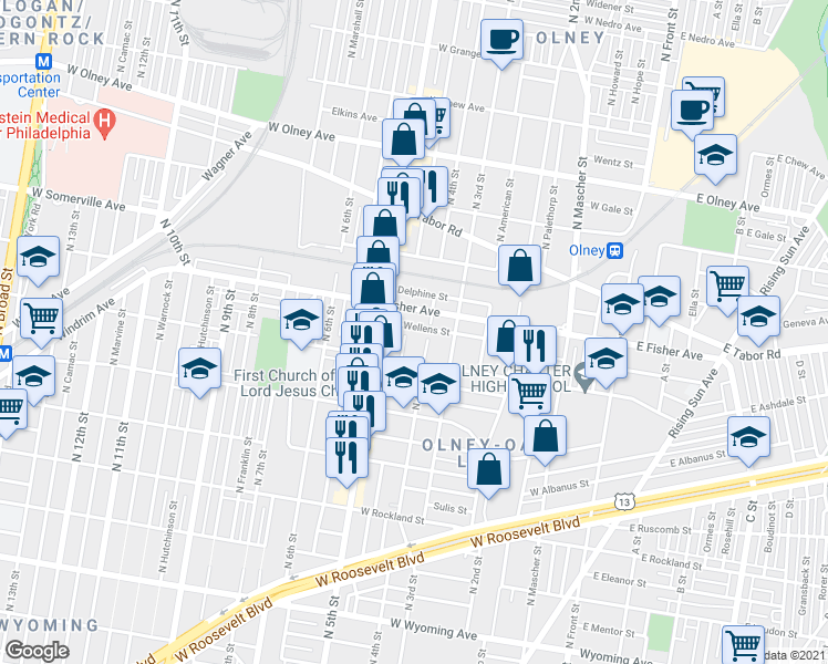 map of restaurants, bars, coffee shops, grocery stores, and more near 416 West Wellens Street in Philadelphia