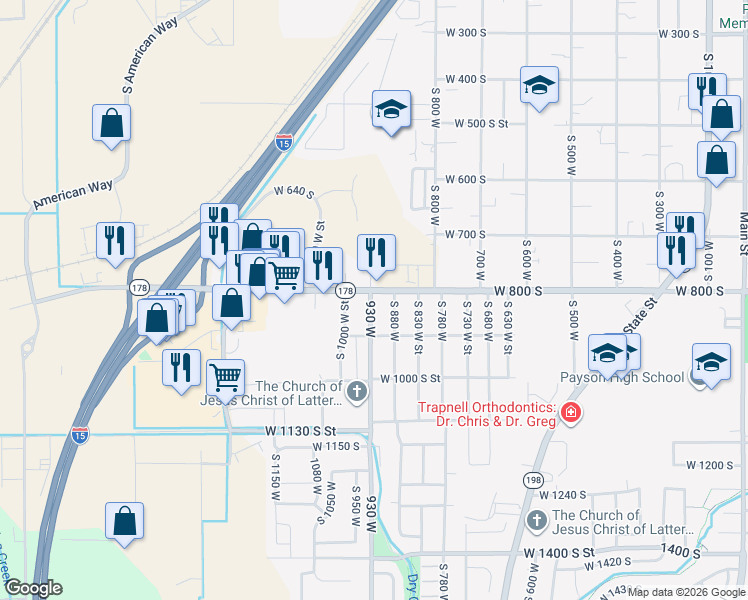 map of restaurants, bars, coffee shops, grocery stores, and more near 817 South 930 West Street in Payson