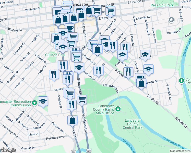 map of restaurants, bars, coffee shops, grocery stores, and more near 539 Green Street in Lancaster