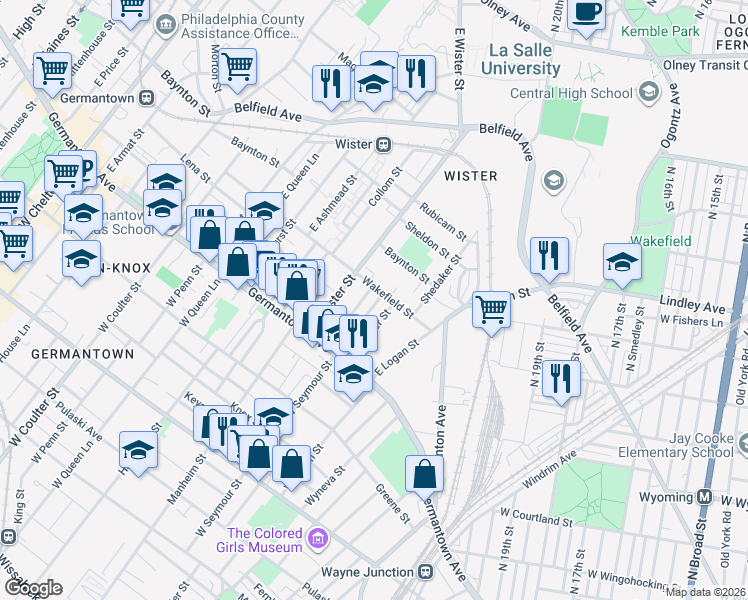 map of restaurants, bars, coffee shops, grocery stores, and more near 93 East Seymour Street in Philadelphia