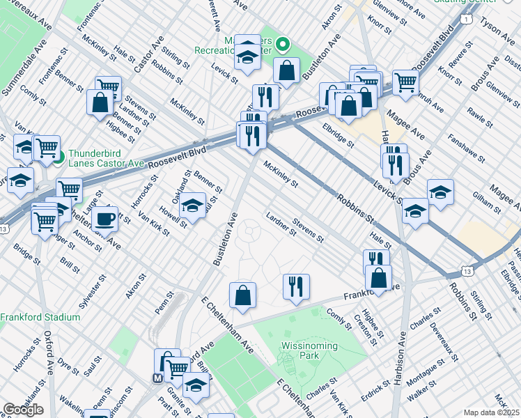 map of restaurants, bars, coffee shops, grocery stores, and more near 2044 Lardner Street in Philadelphia