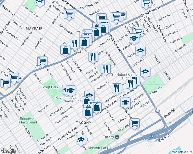 map of restaurants, bars, coffee shops, grocery stores, and more near 7030 Cottage Street in Philadelphia