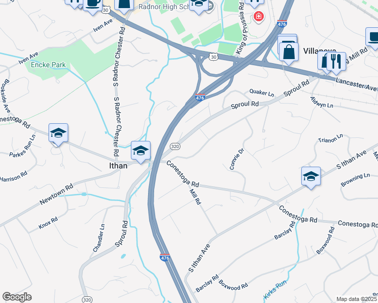 map of restaurants, bars, coffee shops, grocery stores, and more near 216 South Spring Mill Road in Villanova
