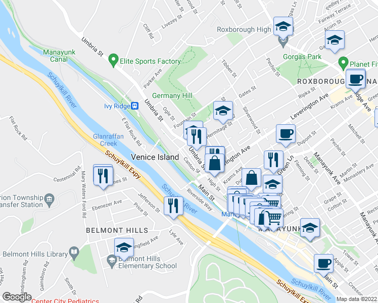 map of restaurants, bars, coffee shops, grocery stores, and more near 4674 Umbria Street in Philadelphia